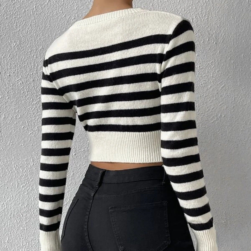 Striped Cropped Knit Sweater for Layering or Outerwear