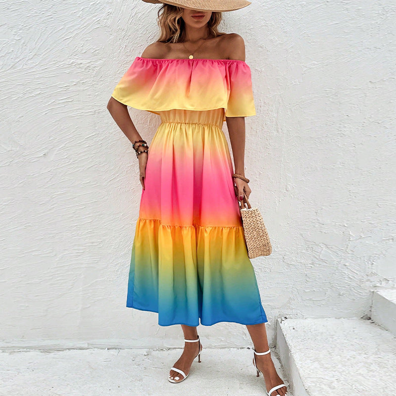 Rainbow Off-Shoulder Ruffled Shirred A-Line Mini Dress