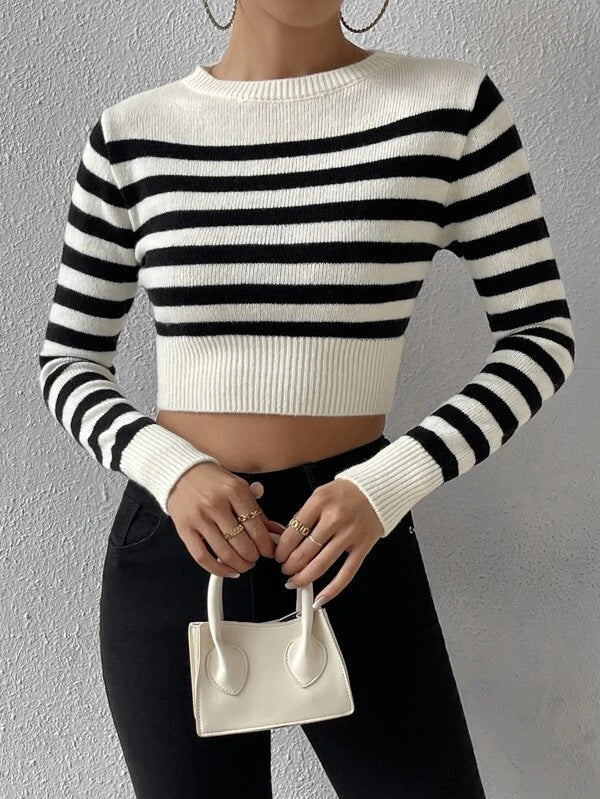 Striped Cropped Knit Sweater for Layering or Outerwear